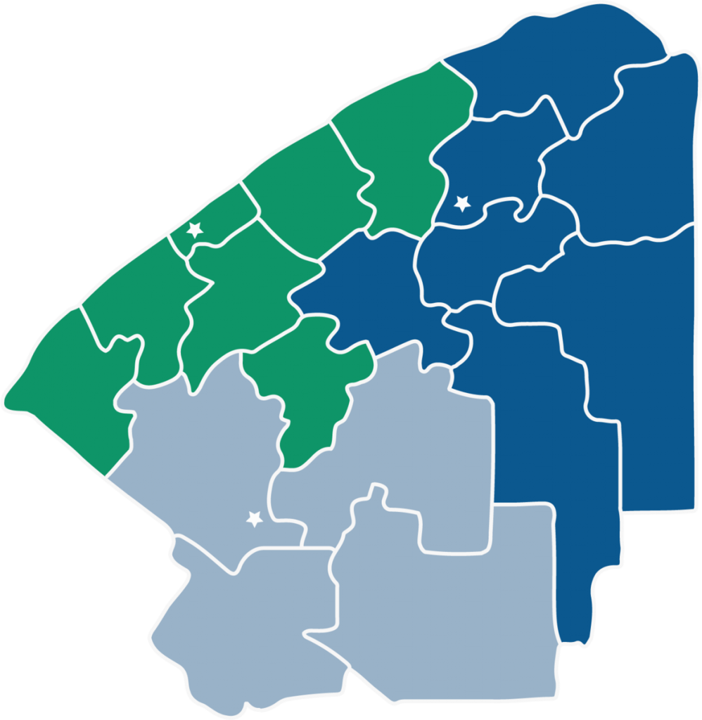 Map of the school district territories of northern tip of New Yok State, with stars indicating the locations of BOCES facilities.